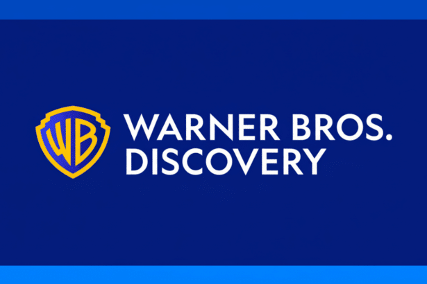 The Warner Bros. Discovery logo , featuring a gold and blue shield with WB inside, next to the words WARNER B ROS. DISCOVERY in white text on a deep blue background.
