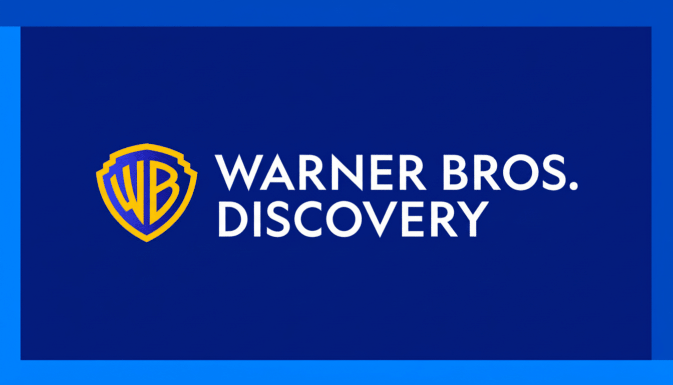 The Warner Bros. Discovery logo , featuring a gold and blue shield with WB inside, next to the words WARNER B ROS. DISCOVERY in white text on a deep blue background.
