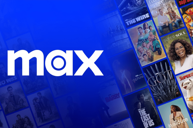 The Max streaming service logo in white text on a blue background , with a collage of various show and movie posters visible behind it. Filename : maxstreaming service logo. png