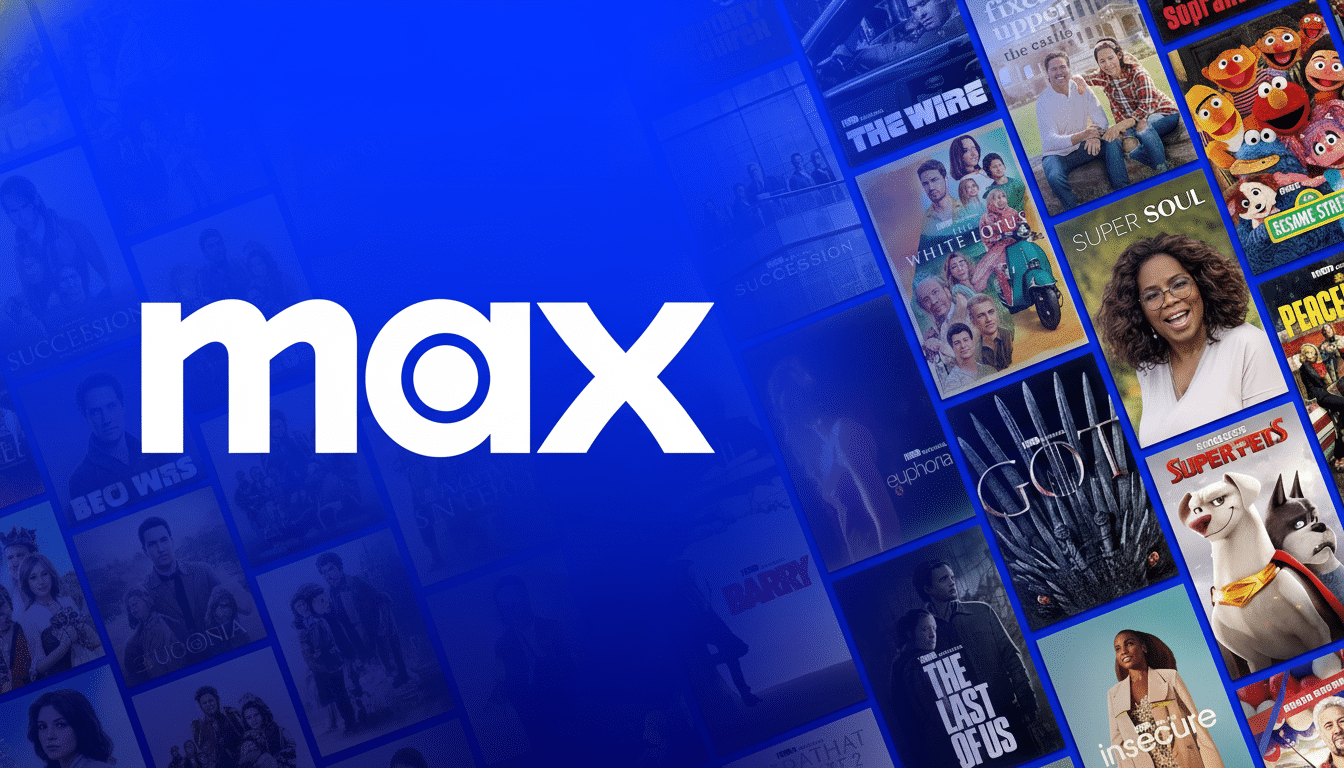 The Max streaming service logo in white text on a blue background , with a collage of various show and movie posters visible behind it. Filename : maxstreaming service logo. png
