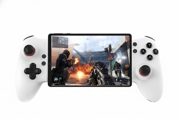 A white mobile gaming controller with a smartphone inserted , displaying a first -person shooter game with explosions and characters in a battle scene .