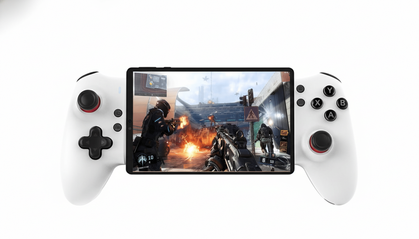 A white mobile gaming controller with a smartphone inserted , displaying a first -person shooter game with explosions and characters in a battle scene .