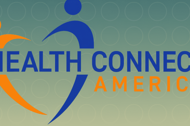 Health Connect America logo with an orange heart shape and blue human figure over a green gradient background with subtle circle patterns.