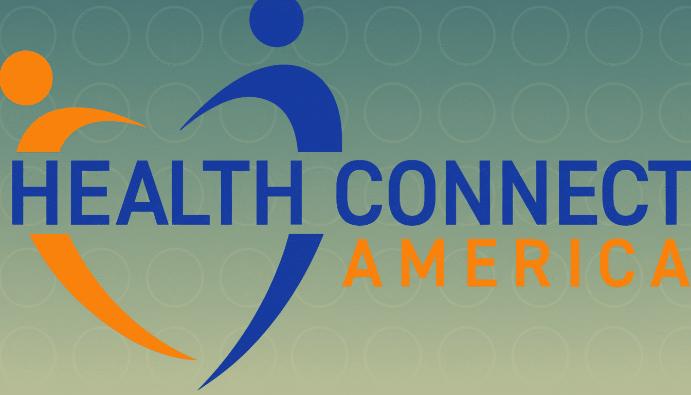 Health Connect America logo with an orange heart shape and blue human figure over a green gradient background with subtle circle patterns.