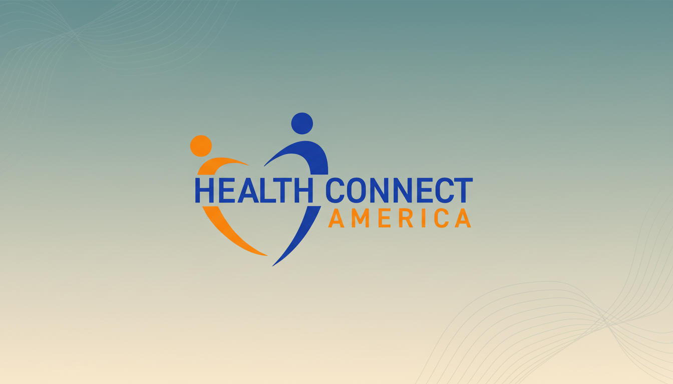 The Health Connect America logo centered on a professional flat design background with a soft blue to beige gradient and subtle wavy patterns. The logo features abstract orange and blue figures forming a heart shape around the words HEALTH CONNECT in blue and AMERICA in orange.
