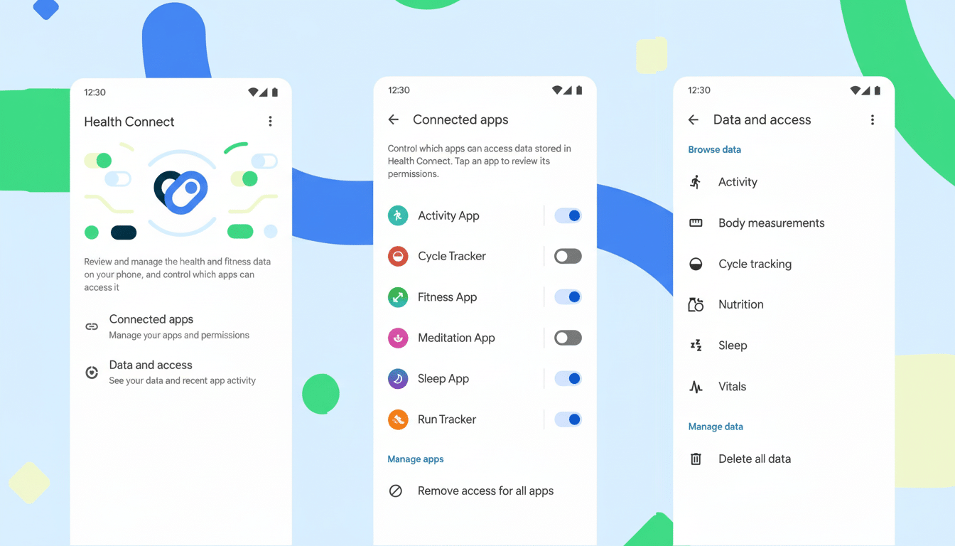 A 16: 9 aspect ratio image showing three screenshots of the Health Connect app interface, demonstrating its features for managing health and fitness d