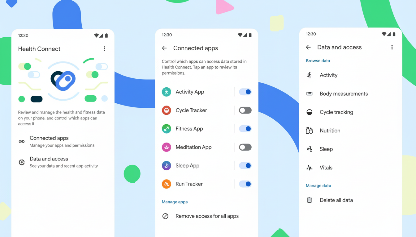 Three mobile phone screens displaying the Health Connect app interface , showing options for connected apps and data management.