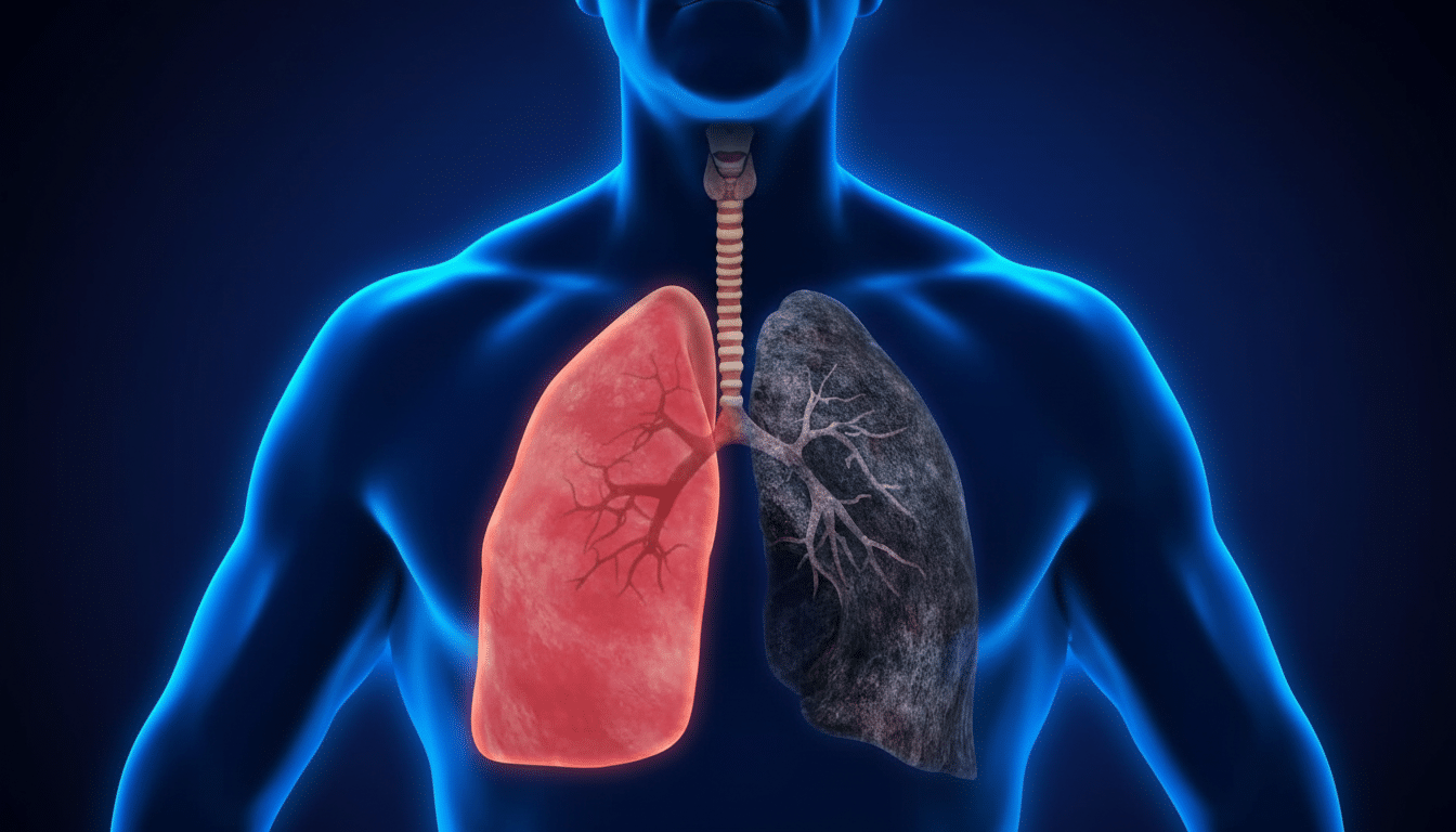 An anatomical illustration of a human torso showing a healthy red lung on the left and a diseased, darkened lung on the right, set against a dark blue