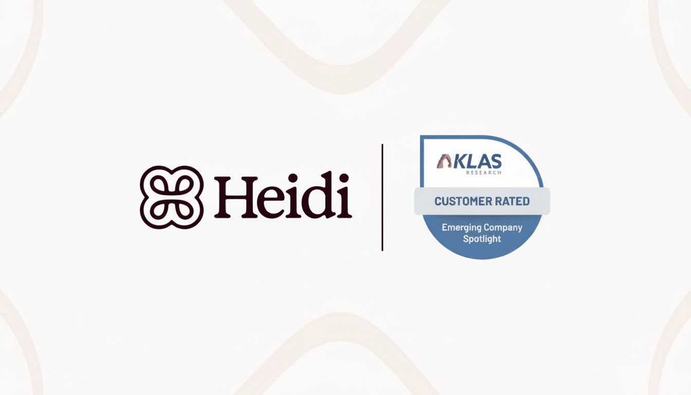 The Heidi logo next to an AKLAS Research Customer Rated Emerging Company Spotlight badge on a light background.