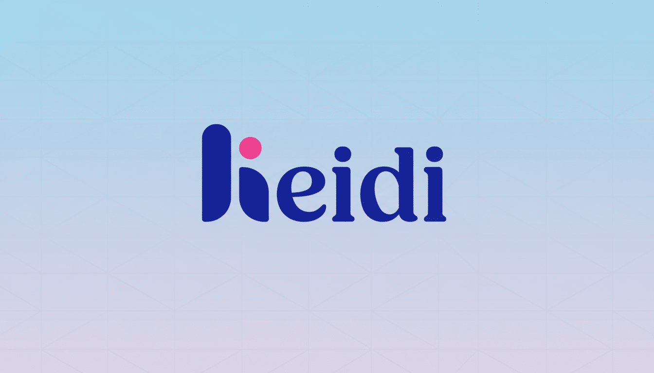 The Heidi logo, featuring the name Heidi in a stylish blue font with a pink dot above the i, presented on a professional flat design background with a