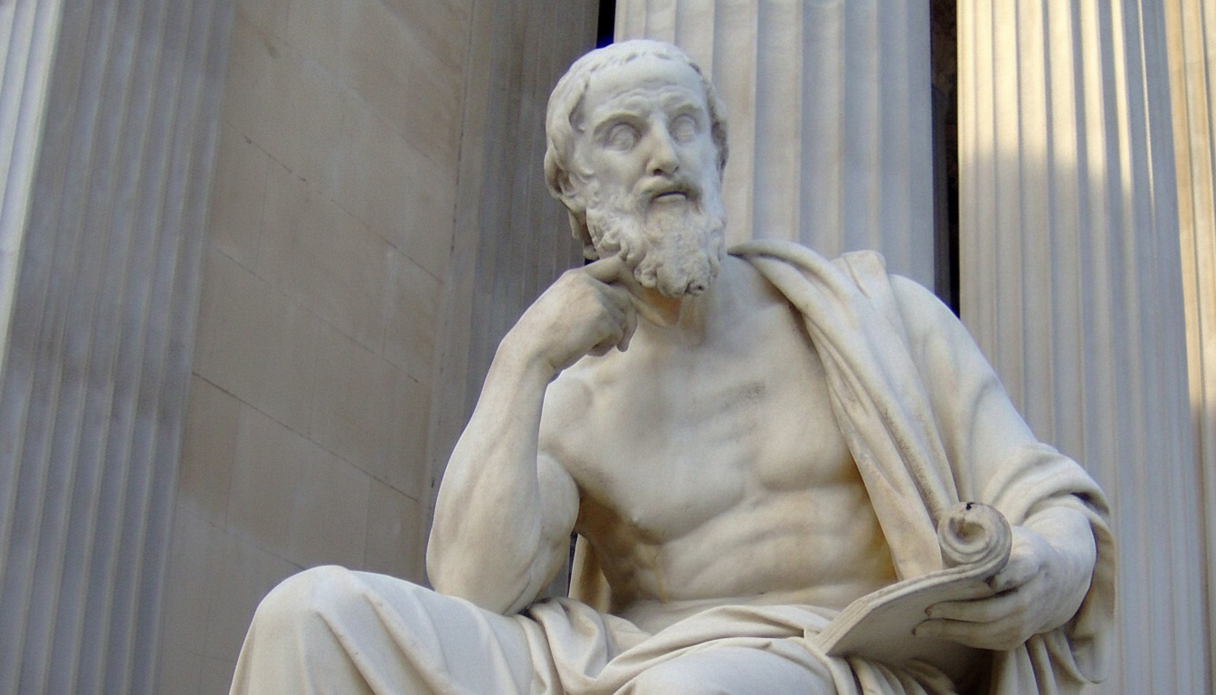 A white marble statue of a bearded man, likely a philosopher, in a thoughtful pose, with classical columns in the background.