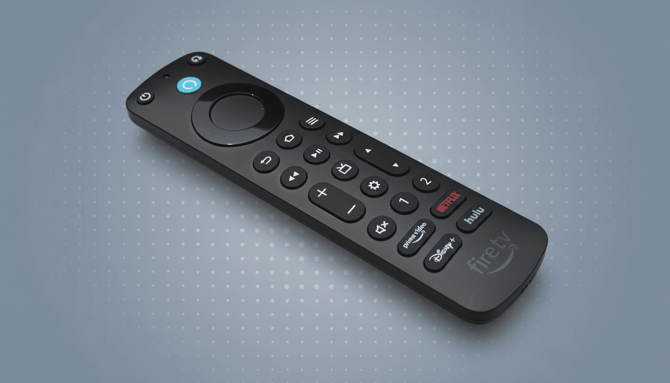 A professional shot of a black Fire TV remote control on a sleek , grey background with a subtle, light grey dotted pattern. Filename : firetv remoteprofessional 1 69. png