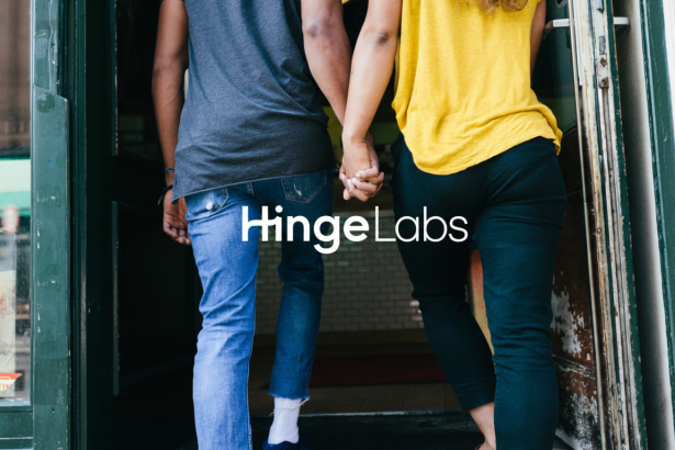 Two people , seen from behind, holding hands and walking through a doorway. The HingeLabs logo is overlaid in white.