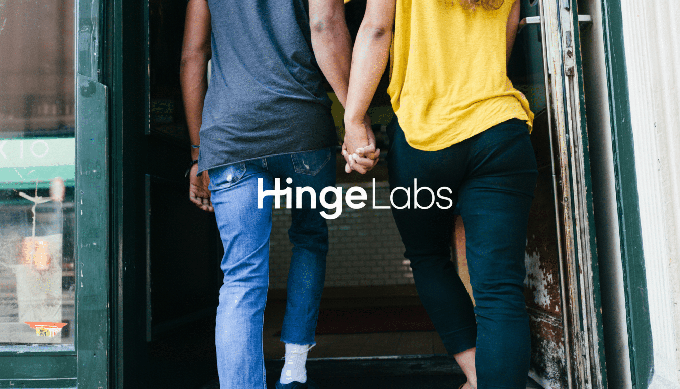 Two people , seen from behind, holding hands and walking through a doorway. The HingeLabs logo is overlaid in white.
