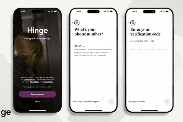 Three smartphone screens displaying the Hinge dating app's onboarding process : a login screen, a phone number input screen, and a verification code entry screen. Filename : hingeapp onboarding screens.png