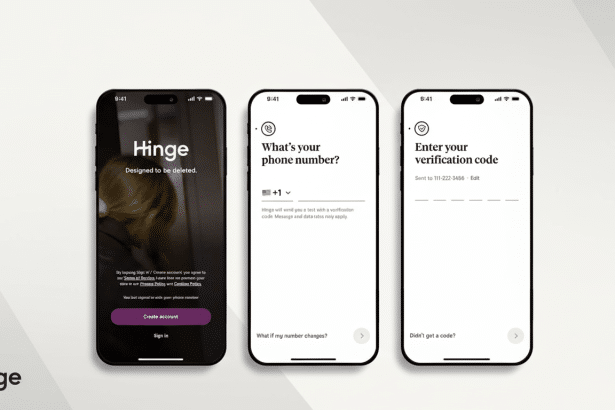 A 16:9 aspect ratio image showing three Hinge app screens on iPhones. The first screen is a login page with a blurred person in the background, the second is a phone number entry screen , and the third is a verification code entry screen.