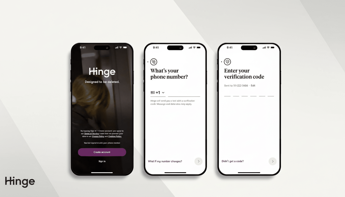 A 16:9 aspect ratio image showing three Hinge app screens on iPhones. The first screen is a login page with a blurred person in the background, the second is a phone number entry screen , and the third is a verification code entry screen.