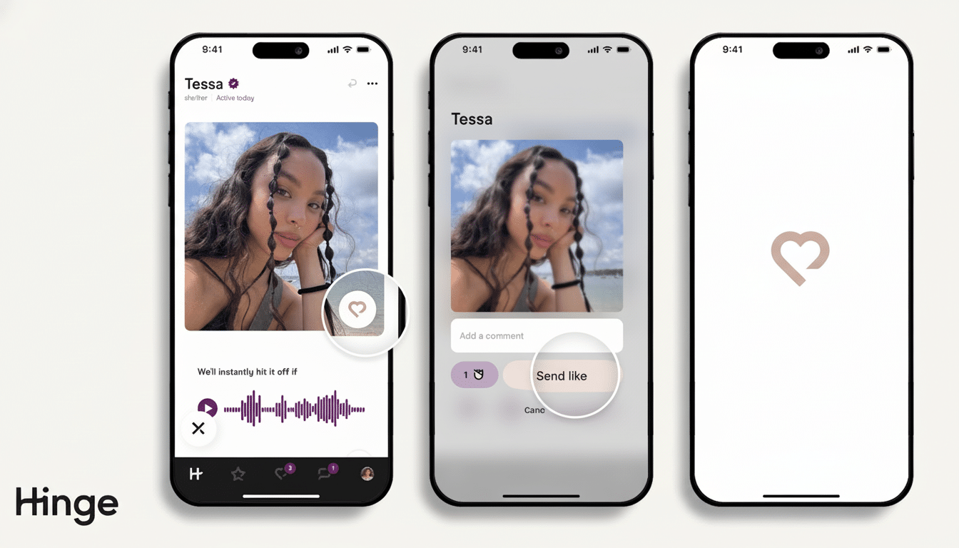 Three smartphone screens displaying the Hinge dating app interface , showing a user profile, a send like interaction , and a blank screen with the Hinge heart logo. Filename : hingeapp interface. png