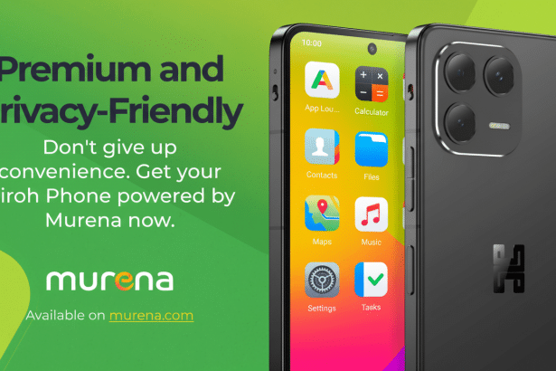 A Hiro h Phone powered by Murena is displayed in a 16:9 aspect ratio, showing its premium and privacy-friendly features on a green and black background.