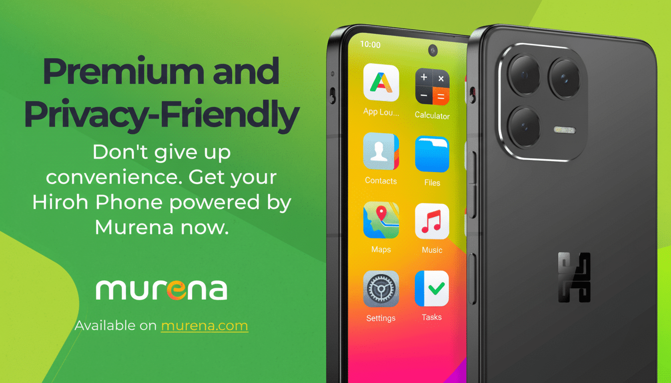 A Hiro h Phone powered by Murena is displayed in a 16:9 aspect ratio, showing its premium and privacy-friendly features on a green and black background.