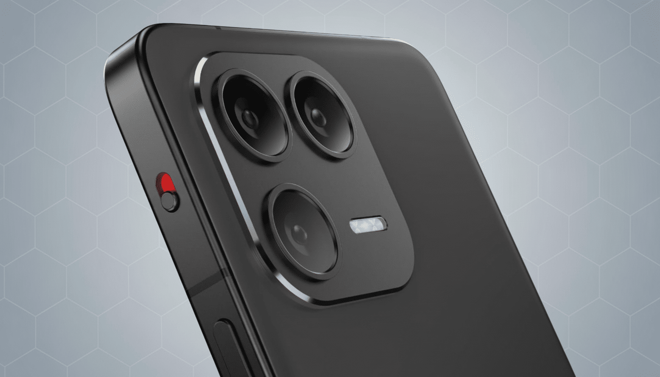 A professional close -up shot of the rear camera module of a black smartphone, featuring three lenses and a flash, against a subtle grey hexagonal pattern background.