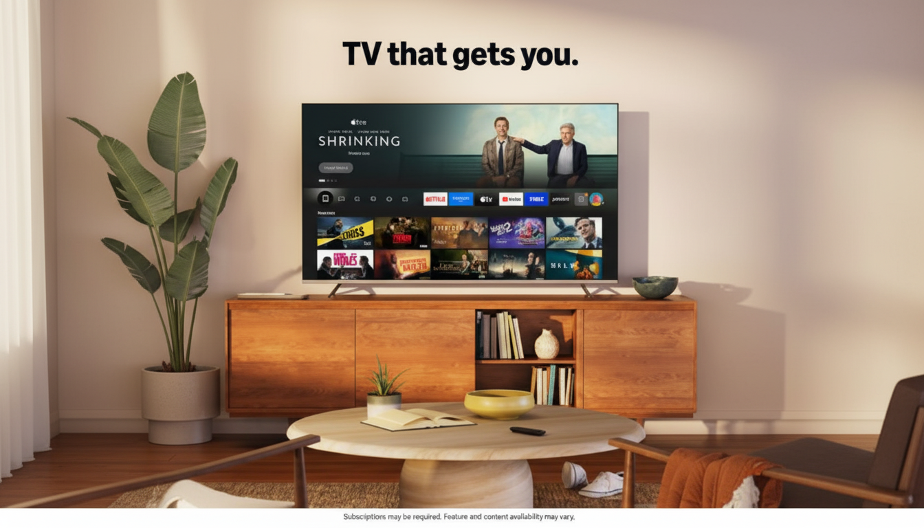 A modern living room with a large flat-screen TV displaying the Shrinking show, resting on a wooden console table. A round coffee table with a book and decorative bowl sits in front, flanked by two chairs. A tall potted plant is on the left, and the text TV that gets you. is at the top of the image.