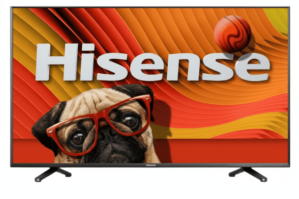 A Hisense TV displaying a pug wearing red glasses on a colorful background. Filename : hisense tvpug glasses1 69. png