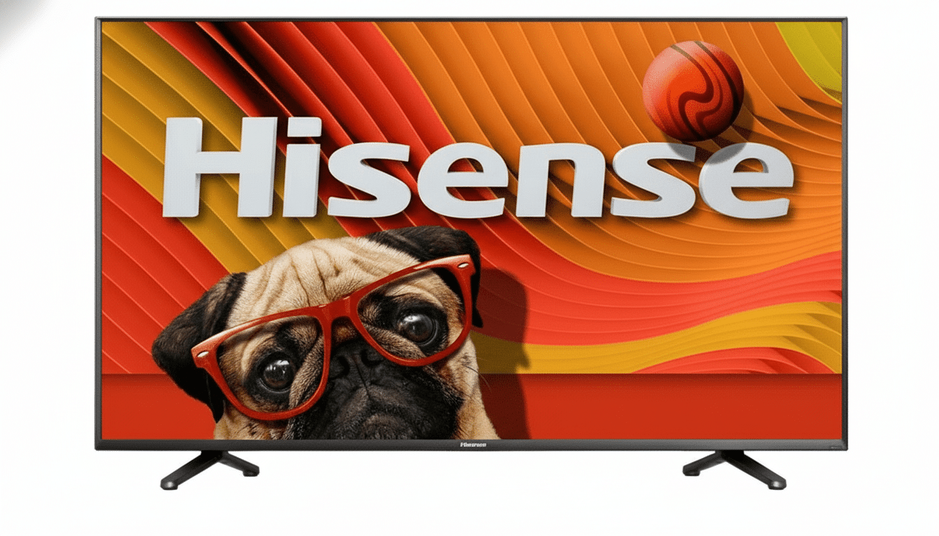 A Hisense TV displaying a pug wearing red glasses on a colorful background. Filename : hisense tvpug glasses1 69. png