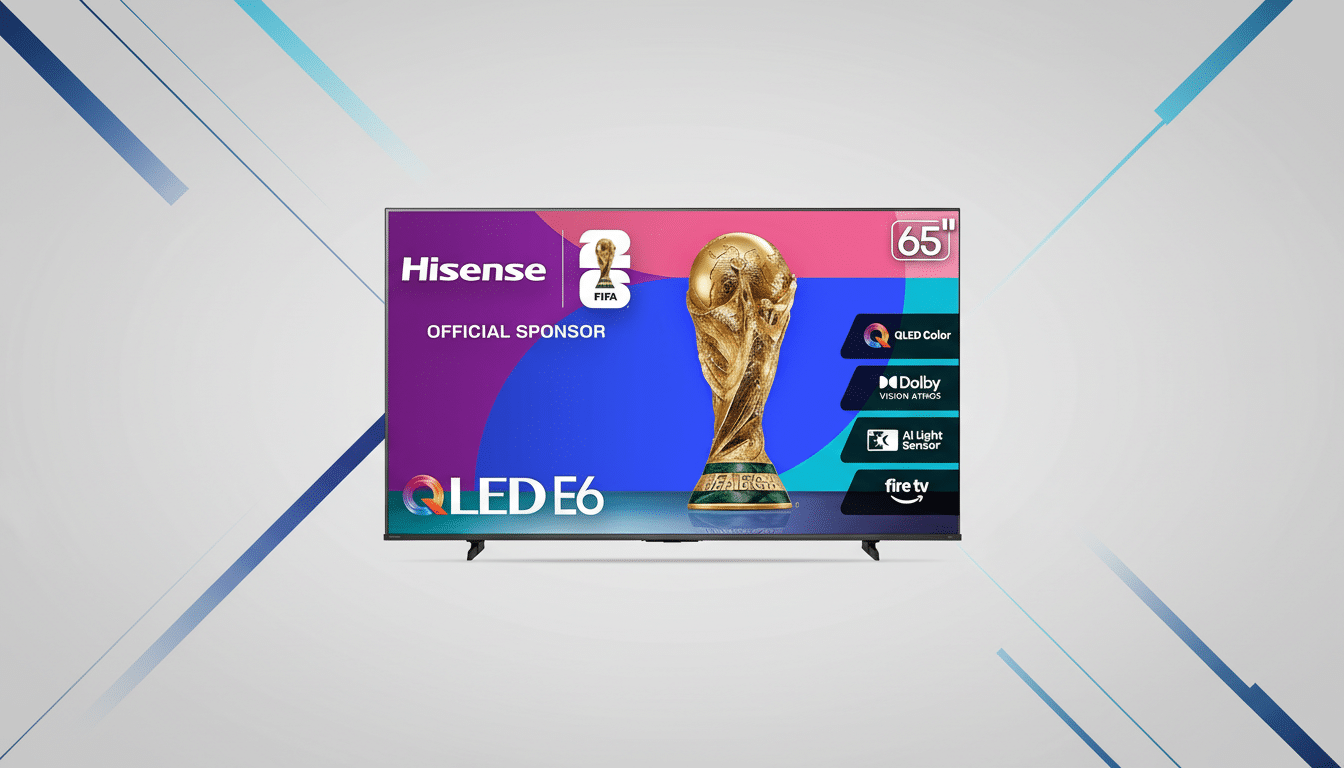A professional shot of a Hisense 65- inch QLED E 6 television, with a gradient background, showcasing its features including FIFA Official Sponsor, QL