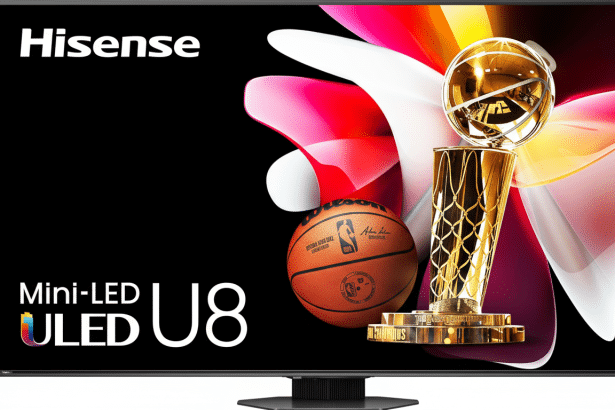 A His ense Mini-LED U8 ULED TV displaying an NBA Finals trophy and basketball with vibrant abstract shapes in the background, set against a black screen. Filename : hisense mini- ledu8 tv n batrophy . png
