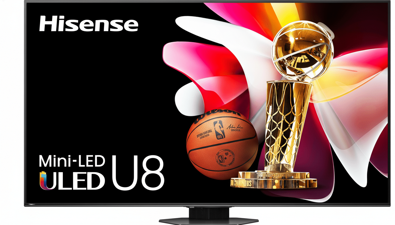 A His ense Mini-LED U8 ULED TV displaying an NBA Finals trophy and basketball with vibrant abstract shapes in the background, set against a black screen. Filename : hisense mini- ledu8 tv n batrophy . png