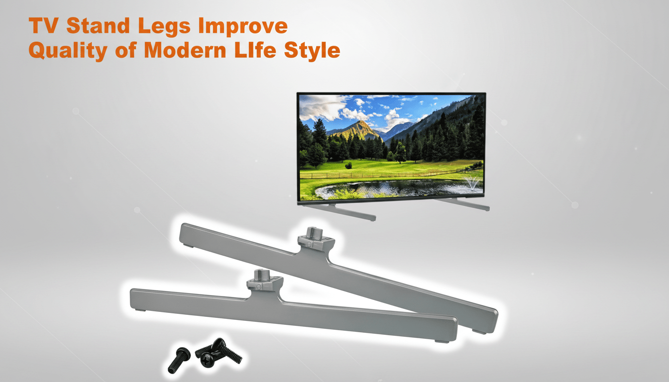 A modern TV stand with silver legs and a television displaying a scenic outdoor view , set against a soft, professionally designed gradient background with subtle patterns . The text TV Stand Legs Improve Quality of Modern Life Style is at the top left.