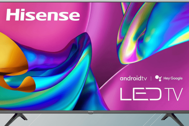 A professional, enhanced image of a His ense Android TV with a colorful abstract display, resized to a 1 6: 9 aspect ratio, set against a subtle gray