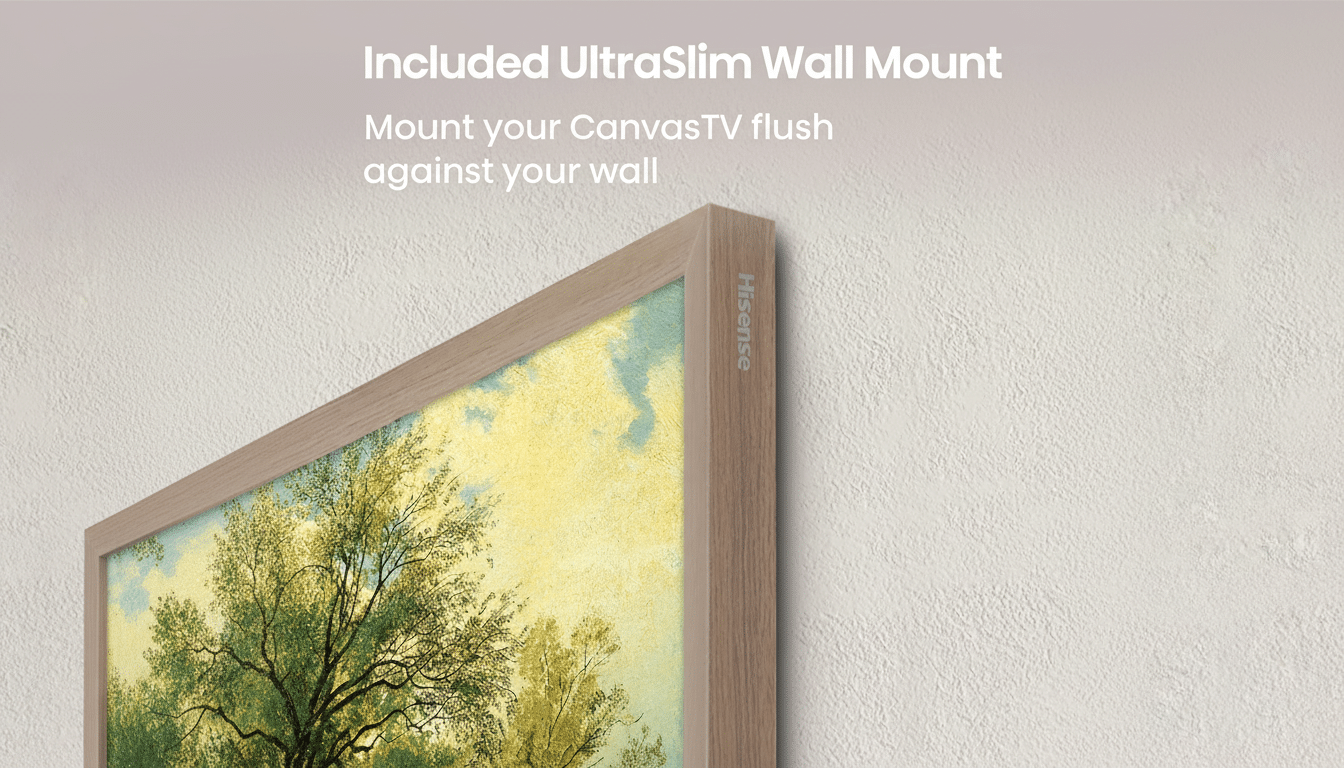 A His ense CanvasTV with a wooden frame displaying an art piece , mounted flush against a textured wall, showcasing the Ultra Slim Wall Mount feature.