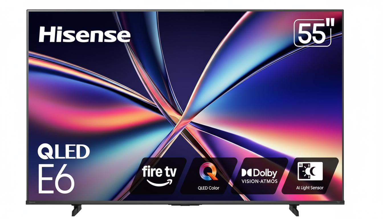 A Hisense QLED E6 55-inch television with a colorful abstract image on the screen, featuring logos for Fire TV, QLED Color, Dolby Vision-Atmos, and AI Light Sensor.