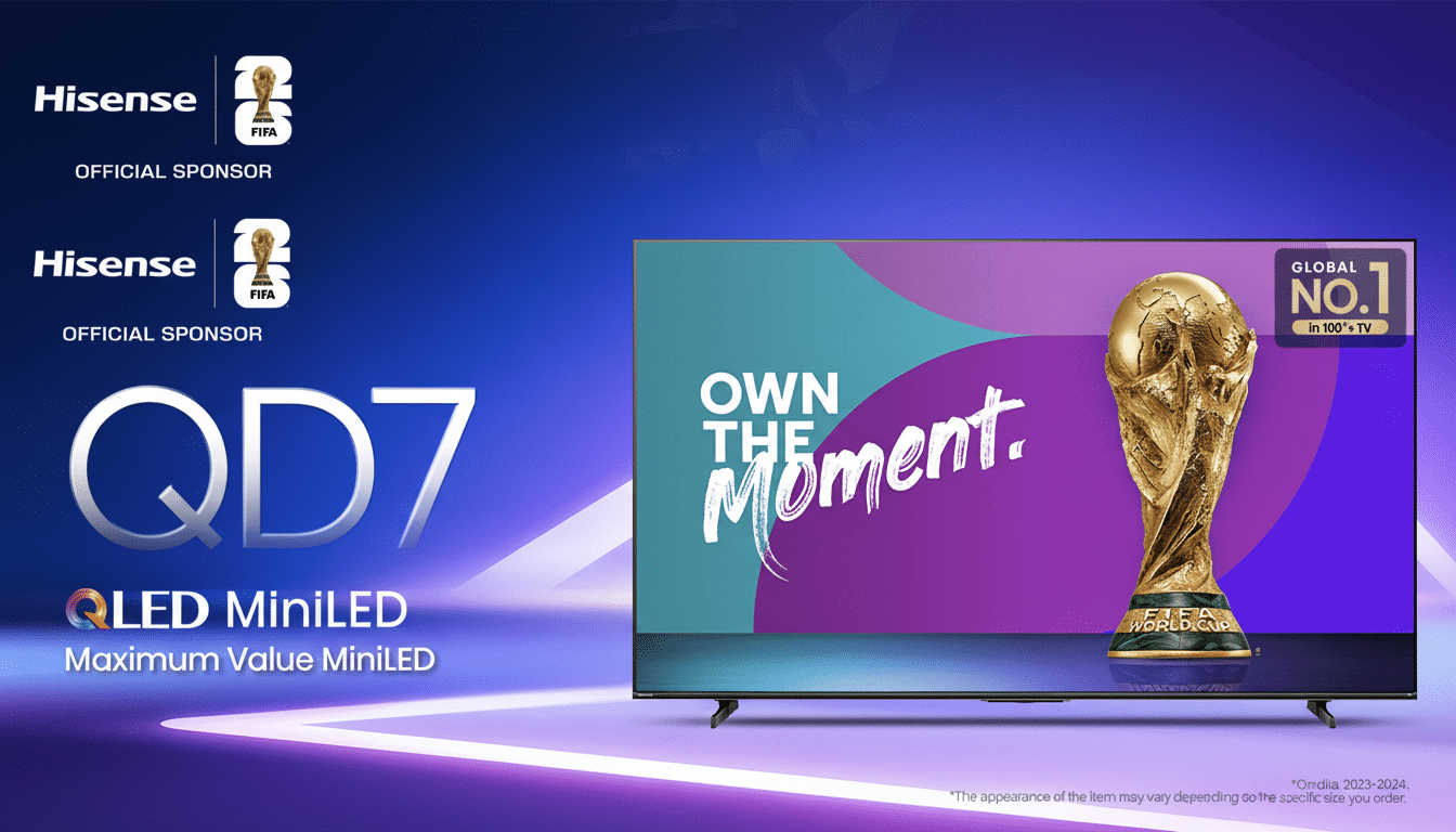 His ense QD7 Q LED MiniLED TV with the FIFA World Cup trophy and Own The Moment slogan, against a purple and blue gradient background. Filename : hisense qd7fif aworld cuptv .png