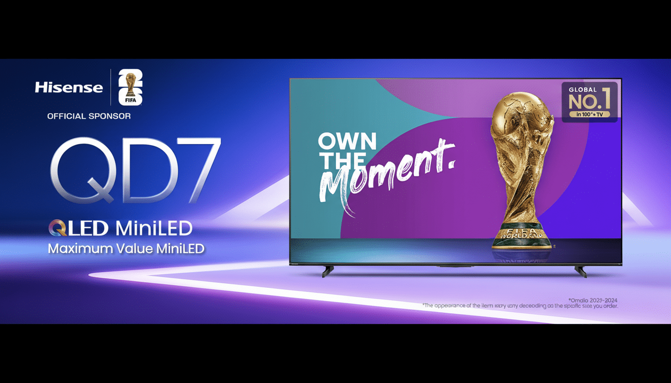 A professional advertisement for Hisense QD 7 QLED Mini LED TV, an official sponsor of FIFA , featuring a television displaying OWN THE Moment. next to a golden FIFA World Cup trophy. The background is a blue and purple gradient with a glowing effect. Filename : hisense qd7q ledmin iledtv advertisement.png