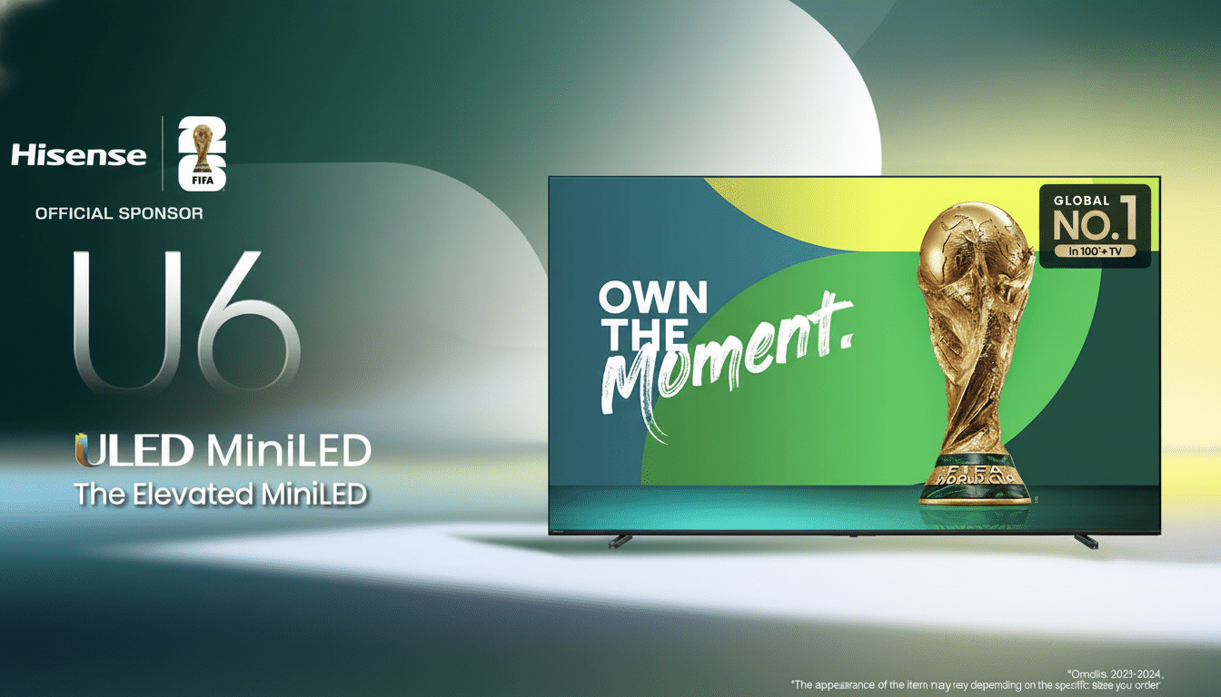A professional ad for the Hisense U 6 U LED MiniLED TV , featuring a sleek television displaying OWN THE Moment . with the FIFA World Cup trophy, positioned next to the His ense U6 U LED MiniLED The Elevated MiniLED text and the FIFA World Cup Official Sponsor logo on a soft gradient background.