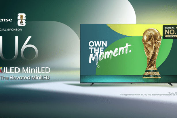 His ense U6 U LED MiniLED TV advertisement featuring the FIFA World Cup trophy with a 16:9 aspect ratio and enhanced professional presentation.