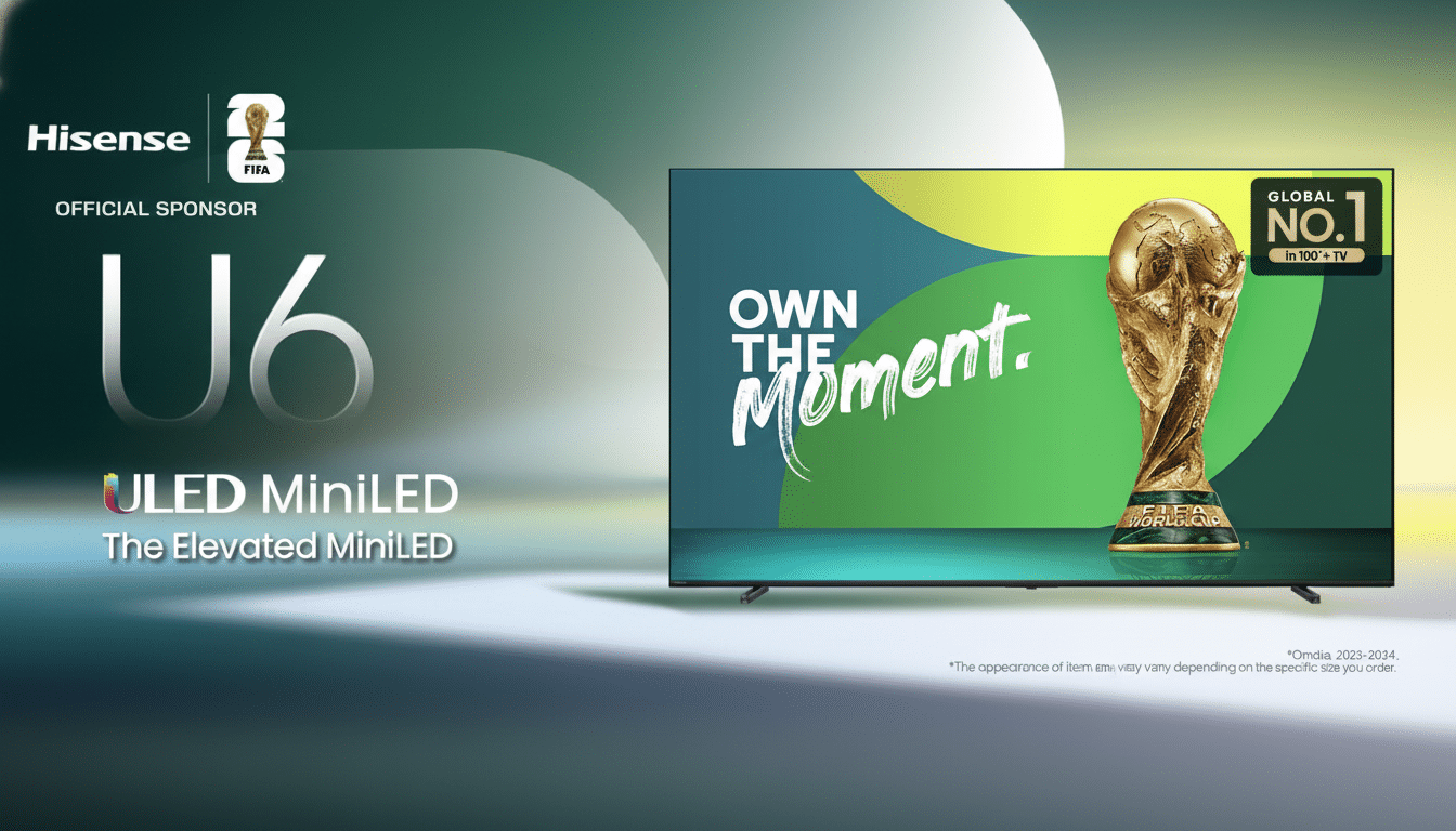 His ense U6 U LED MiniLED TV advertisement featuring the FIFA World Cup trophy with a 16:9 aspect ratio and enhanced professional presentation.