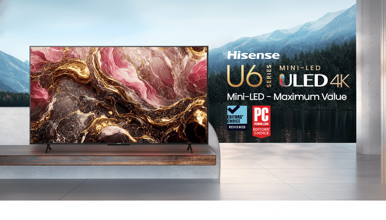 A Hisense U6 Series Mini-LED ULED 4 K television on a wooden stand , displaying an abstract image of gold and pink swirls. The TV is positioned in front of a scenic background of mountains and a lake, with the His ense logo and product features displayed on the right. Below the features are  Editor 's Choice badges from PCMag. com and Reviewed .com .