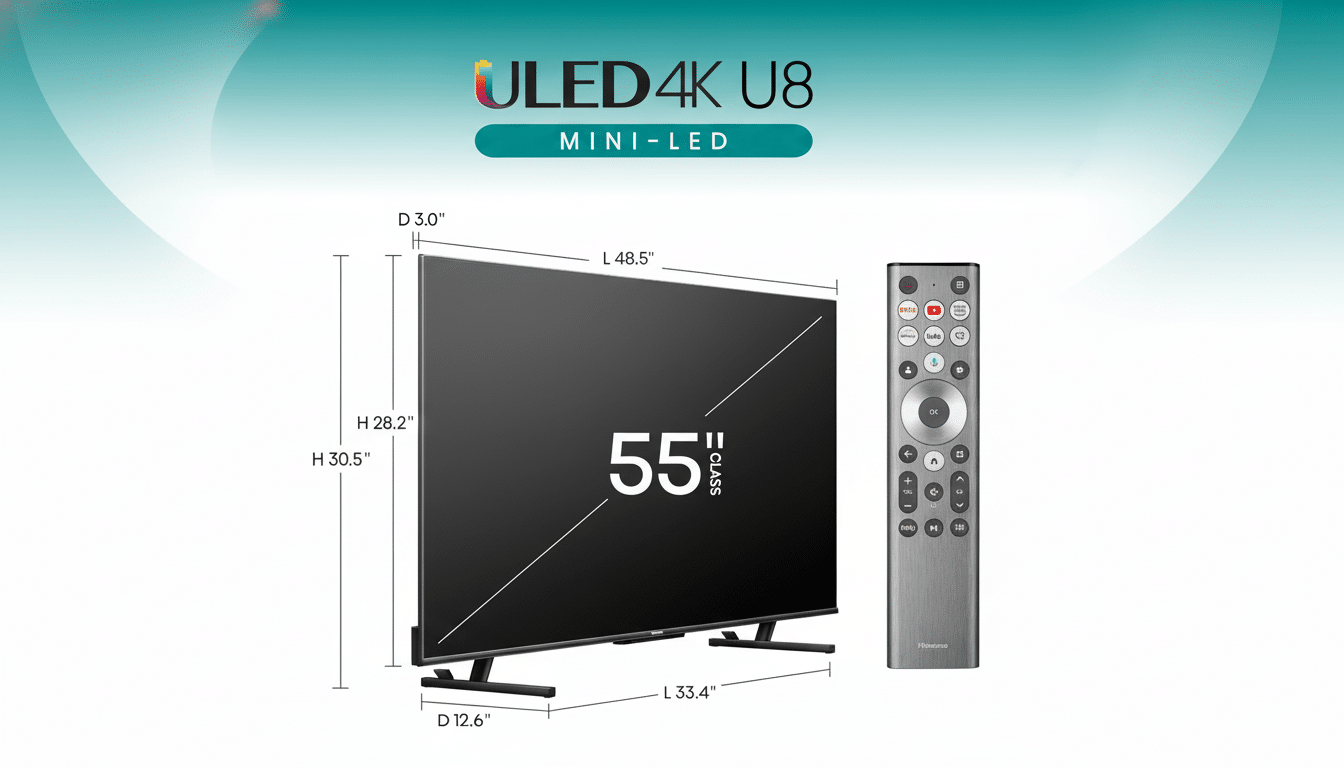 His ense ULED 4K U8 Mini -LED TV with 55- inch class screen dimensions and remote control.