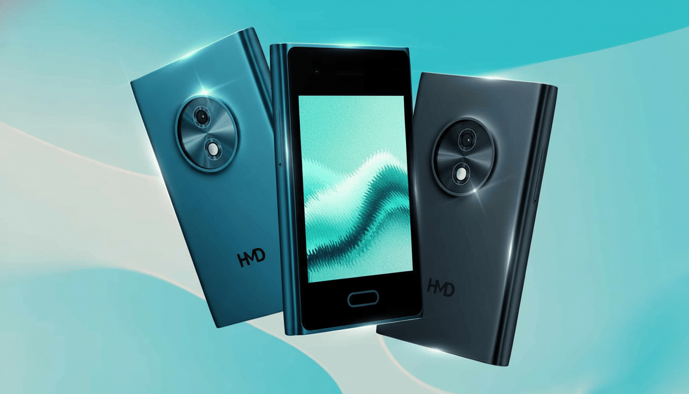 Three HMD-branded feature phones, two blue and one dark gray, displayed at an angle against a professional flat design background with soft patterns a