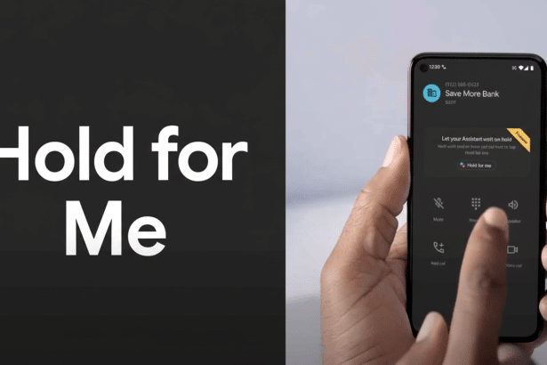 A close-up of a person's hand holding a smartphone , displaying the Hold for Me feature during a call with Save More Bank .