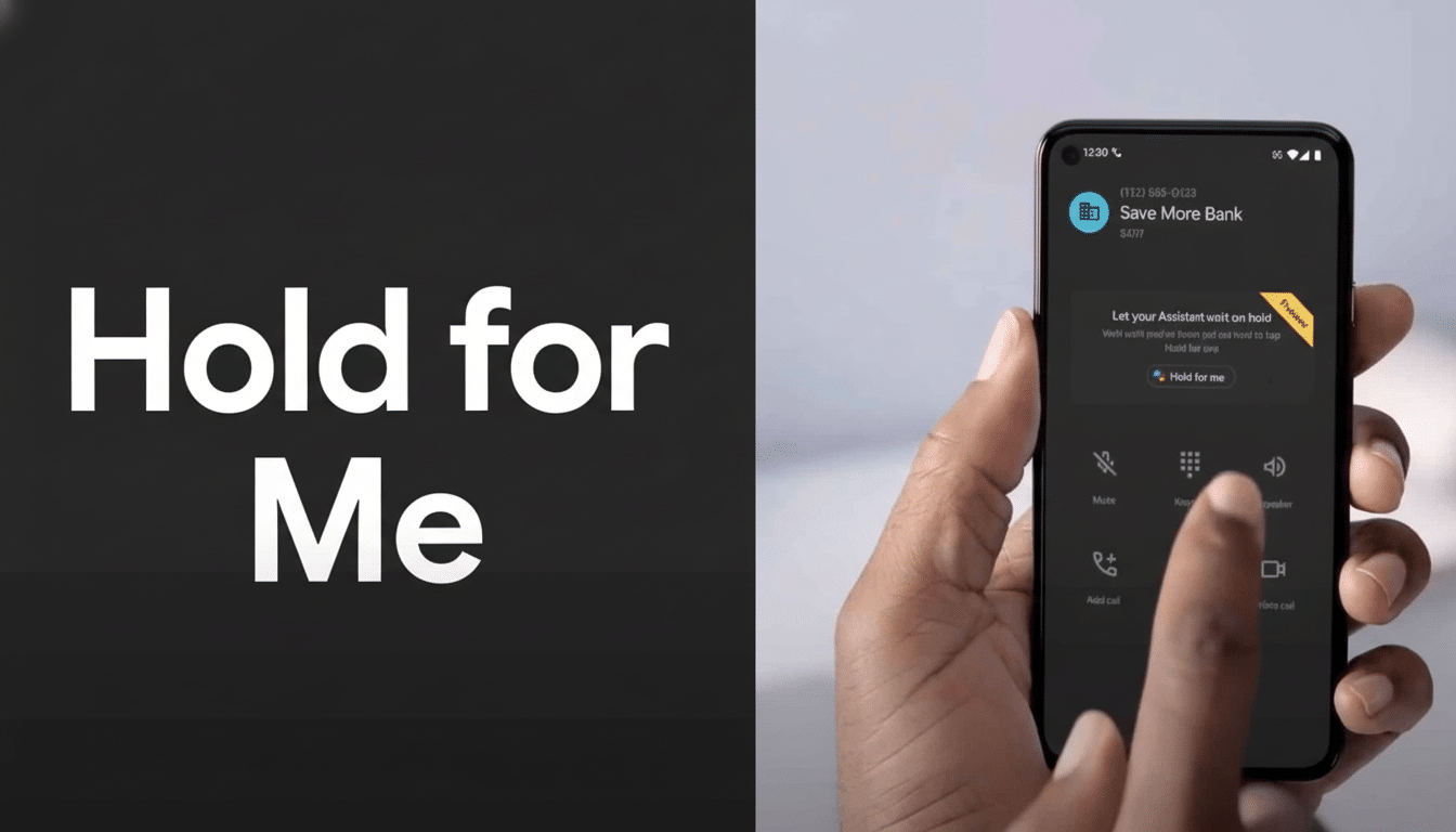 A close-up of a person's hand holding a smartphone , displaying the Hold for Me feature during a call with Save More Bank .