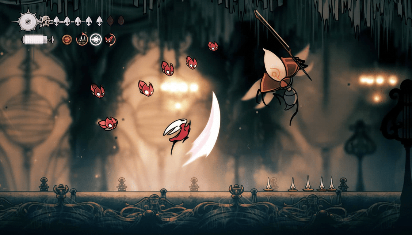 A 16: 9 aspect ratio screenshot from the video game Hollow Knight, showing a white -masked protagonist attacking several red, flying enemies with a na