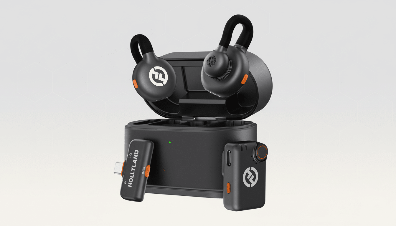 Holly land Lark M 1 wireless microphone system with earbuds and transmitters .