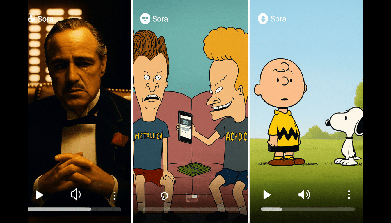 Three vertical video stills , presented side-by- side, within a single image . The first features Marlon Brando as Vito Corleone from The Godfather, looking stern ly forward . The second depicts Be avis and Butt -Head on a couch, with Butt-Head holding a smartphone . The third shows Charlie Brown standing next to Snoopy in a grassy field . All stills have  Sora in the top left corner , mimicking a social media video interface with play/pause and volume icons .