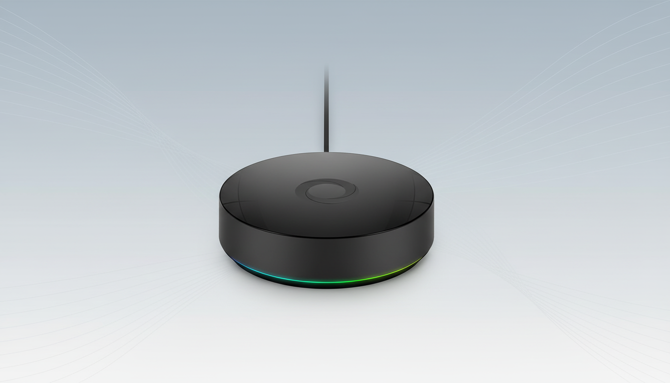 A sleek, black, circular smart home hub with a glowing multi-color LED ring at its base, presented on a professional flat design background with subtle gray gradient and soft, radiating line patterns.