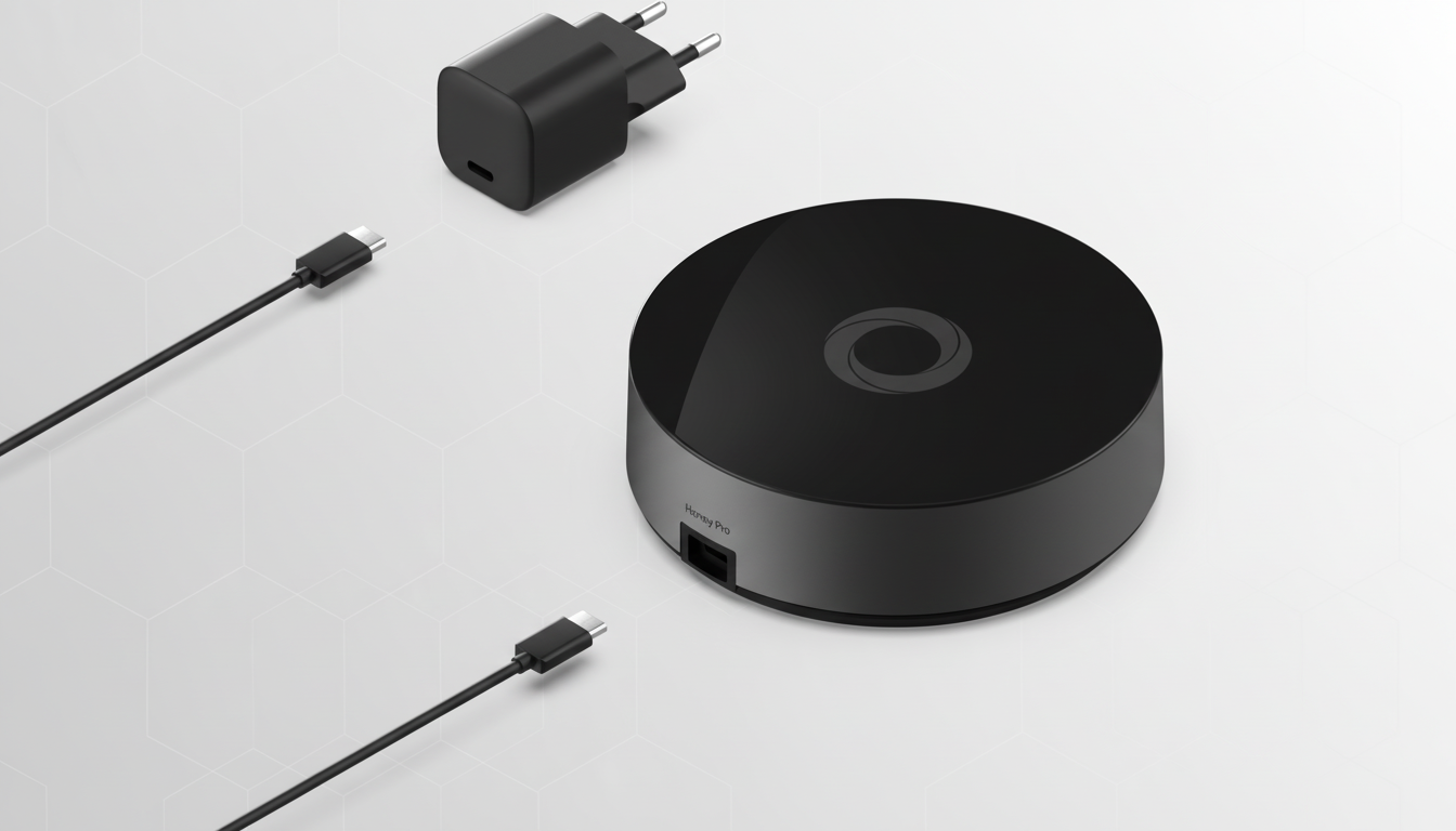A black circular smart home hub with a power adapter and two USB-C cables, presented on a professional flat design background with subtle geometric patterns.